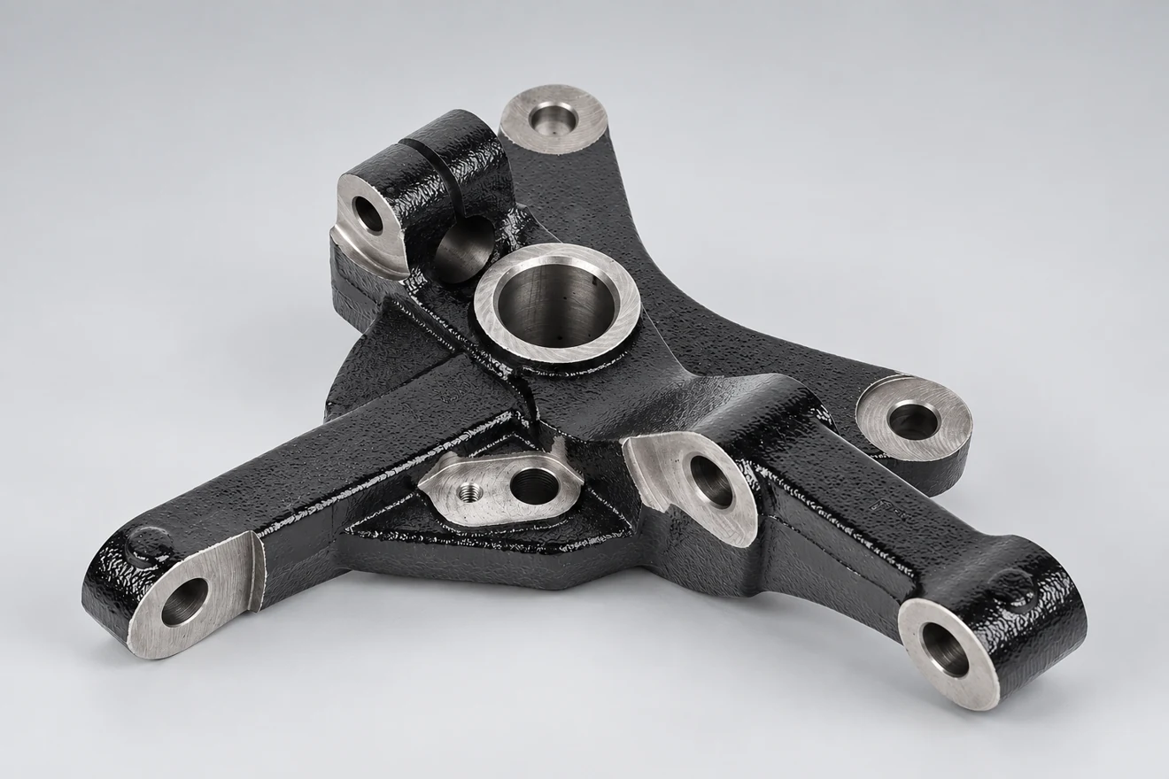Multi-arm component showing several related bore directions.