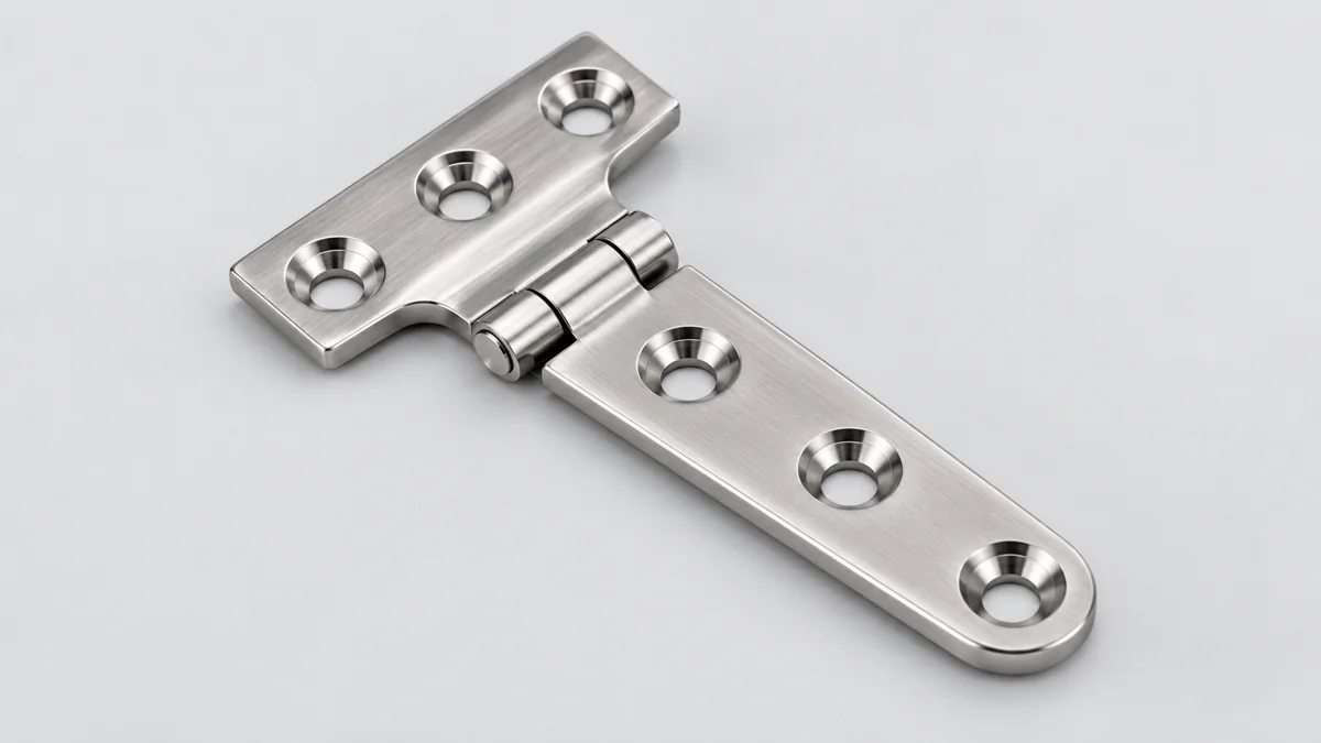 Open flat metal hinge with three countersunk fixing holes on each leaf
