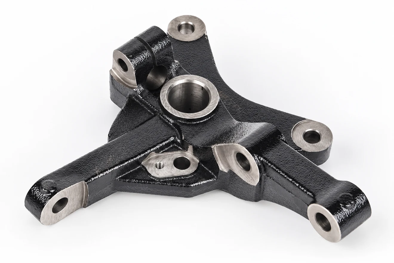 multi-arm steering-component geometry illustration. A multi-contact component illustrates a different treatment and machining sequence.