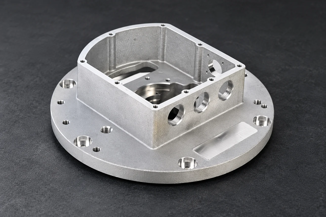 flanged open-box housing illustration. A flanged box-form blank illustrates locating and finishing access.