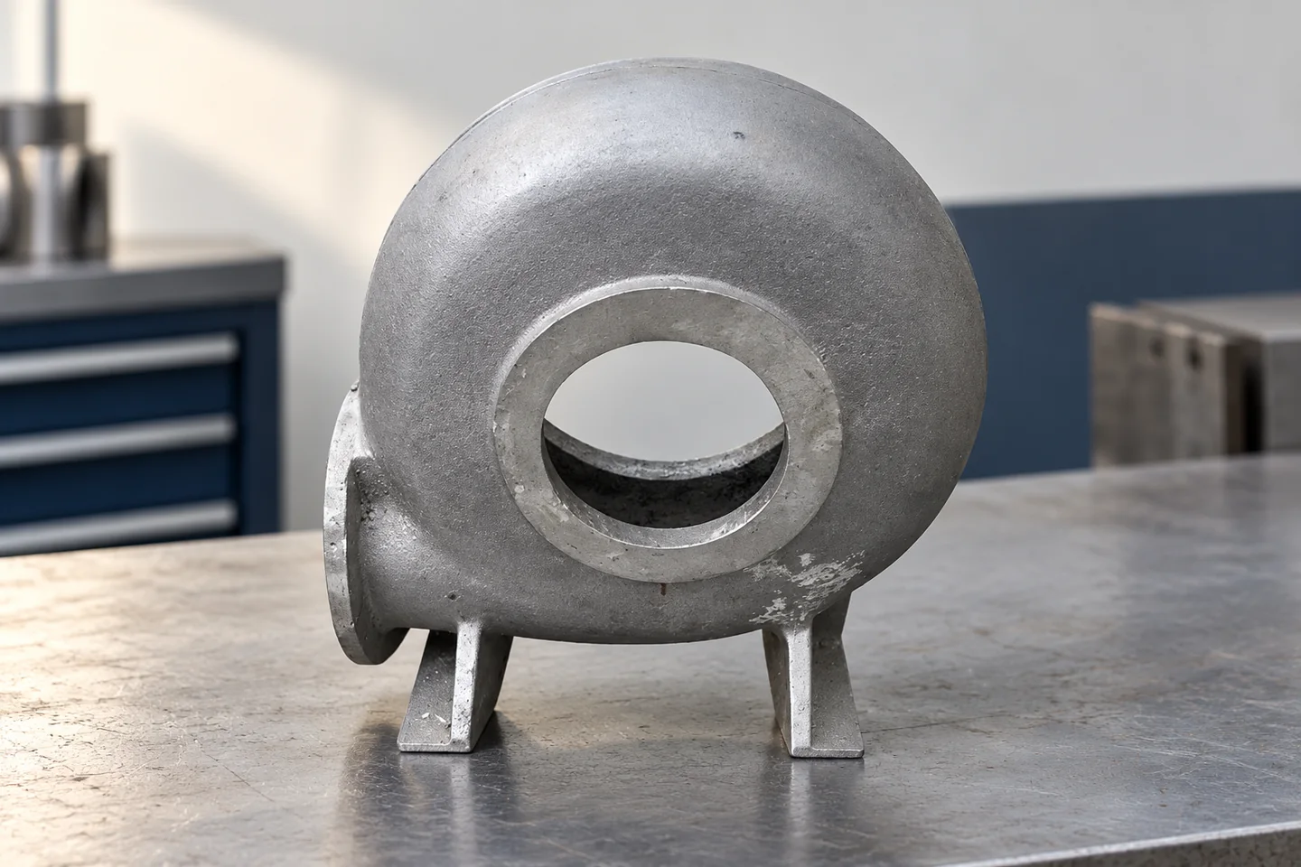 Round housing with a bore and mounting feet.