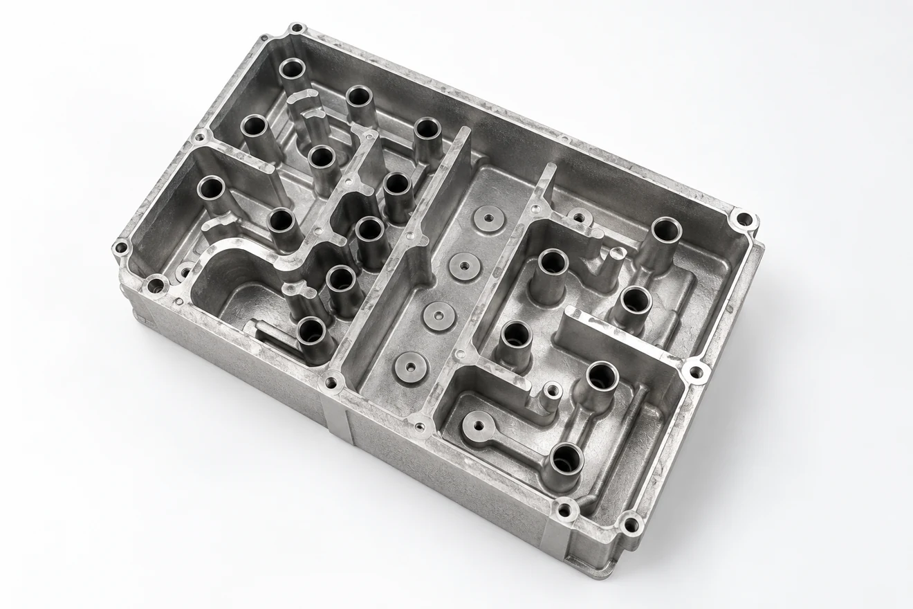 compartmented box-form casting illustration. A box-form casting illustrates a different shell-route geometry review.