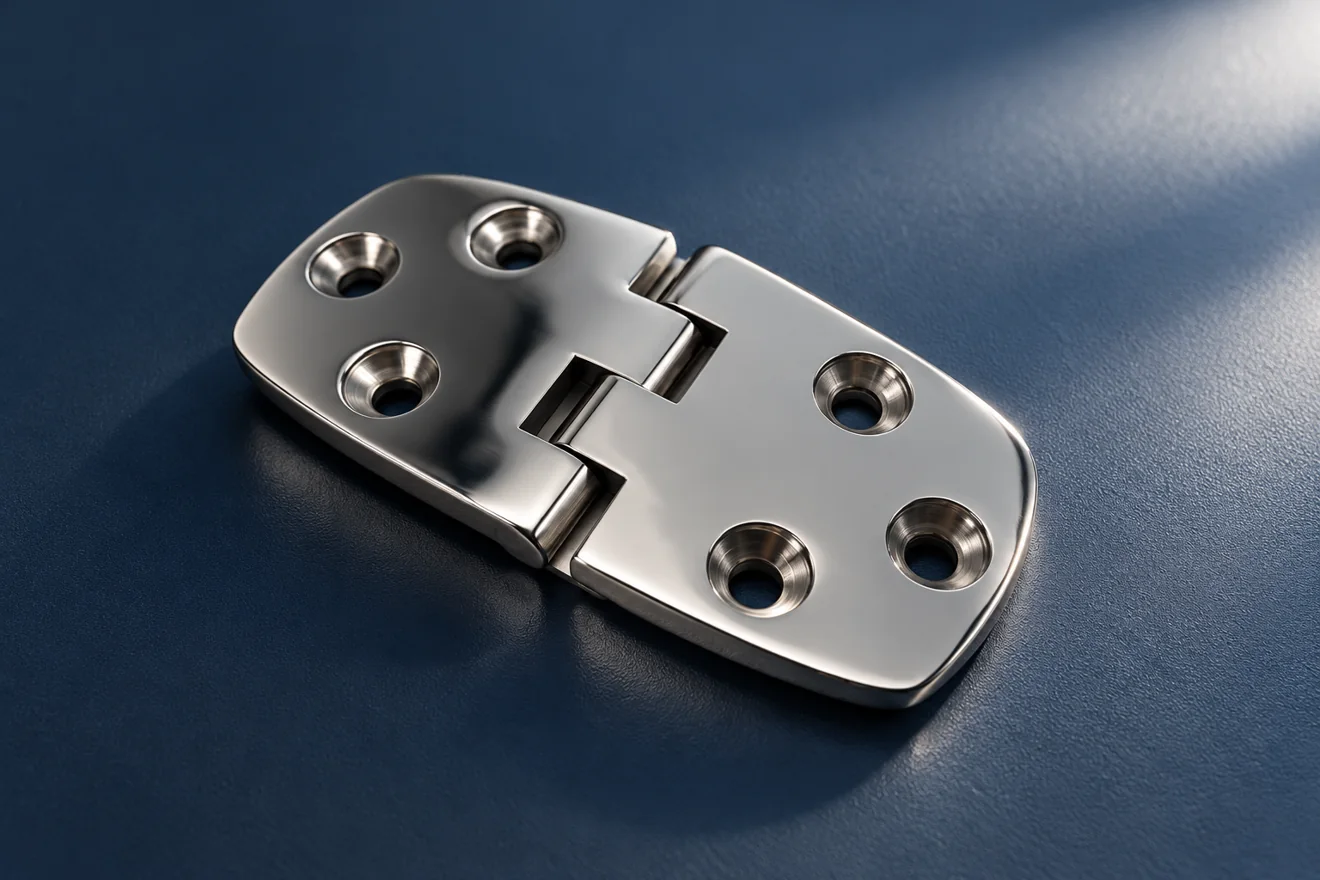 Polished two-leaf hinge with recessed fixing holes and a central pivot
