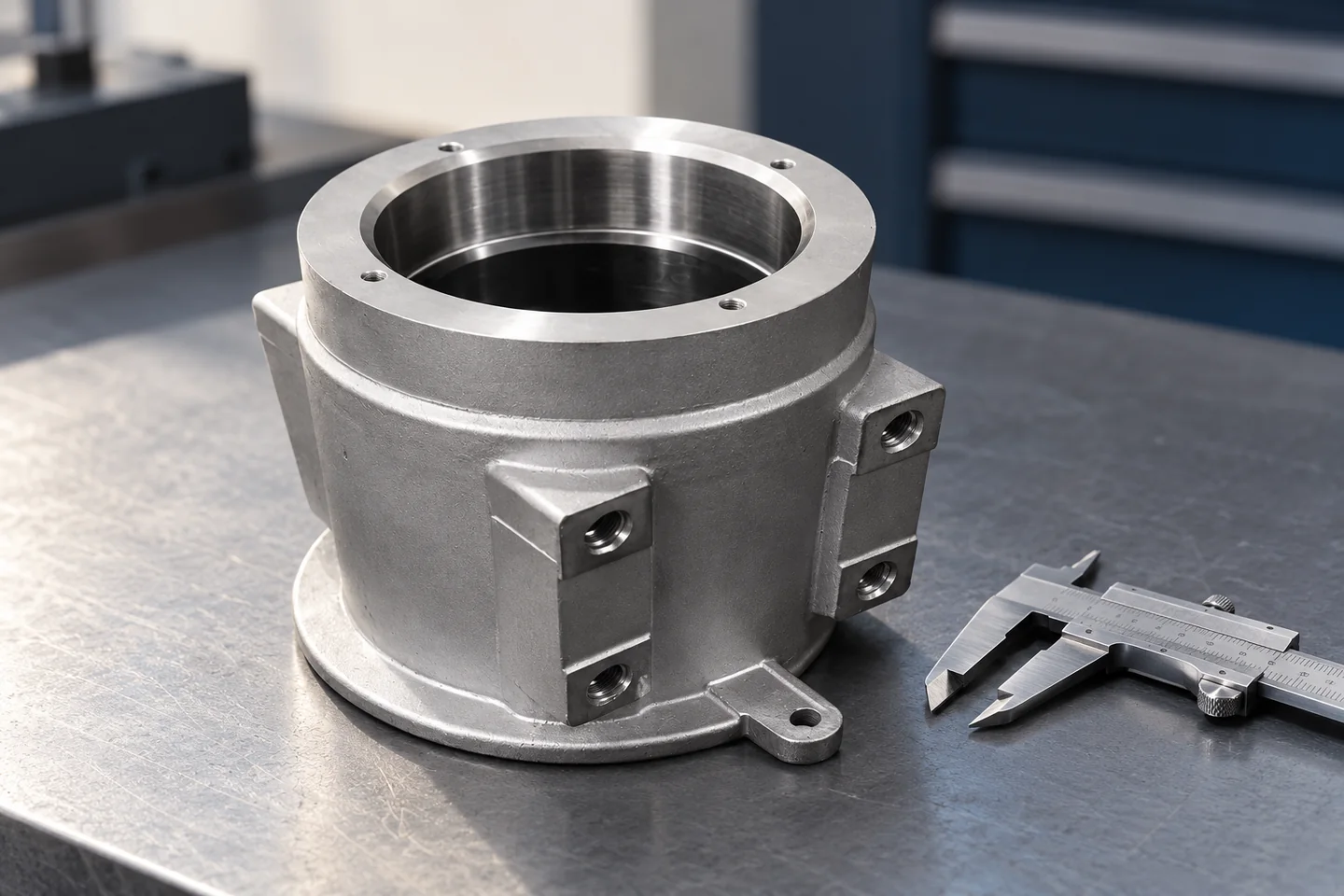 AI illustration of a catalogue-derived housing flange and bore beside an idle caliper