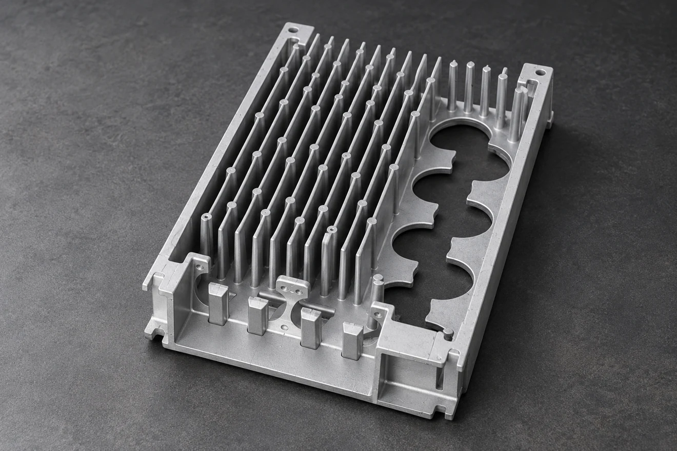 rectangular finned plate illustration. A finned plate illustrates distinct thin-section and finish-protection needs.