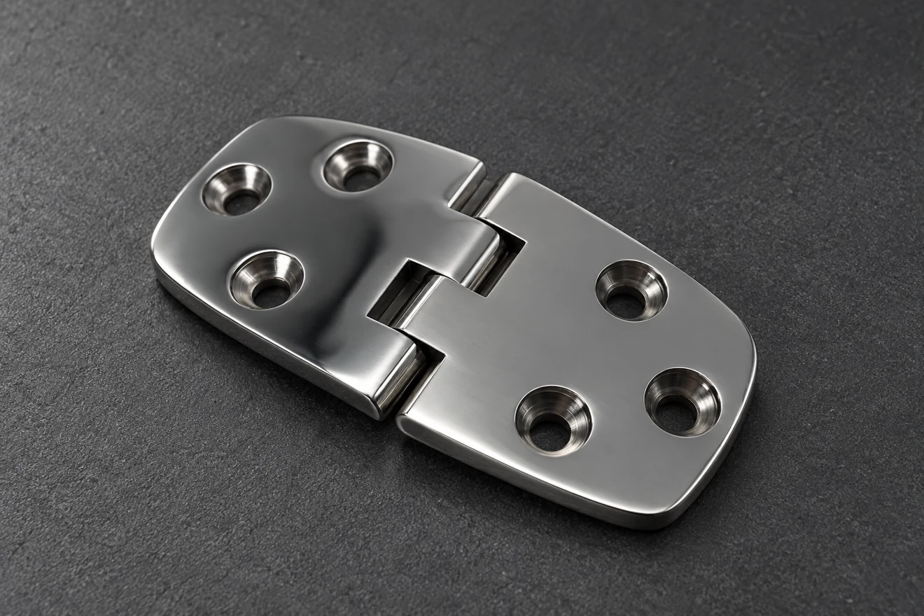 Hinge geometry illustrating a controlled pivot and fixing pattern.
