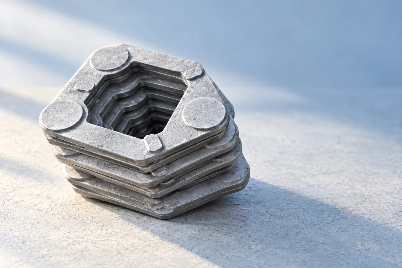 A sectioned ribbed form helps distinguish retained shape from machining work.