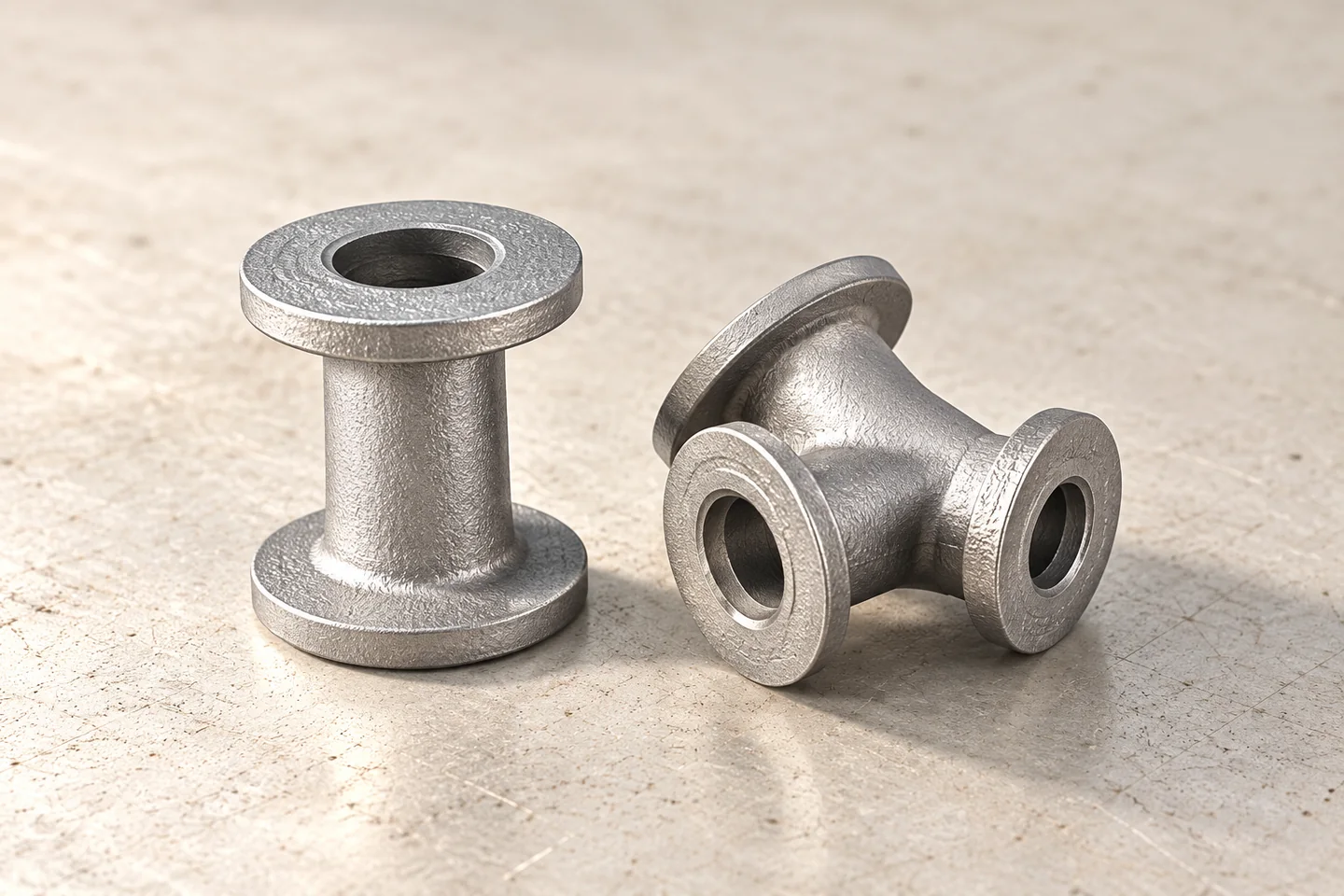 Flanged and hollow component forms with distinct end contacts.