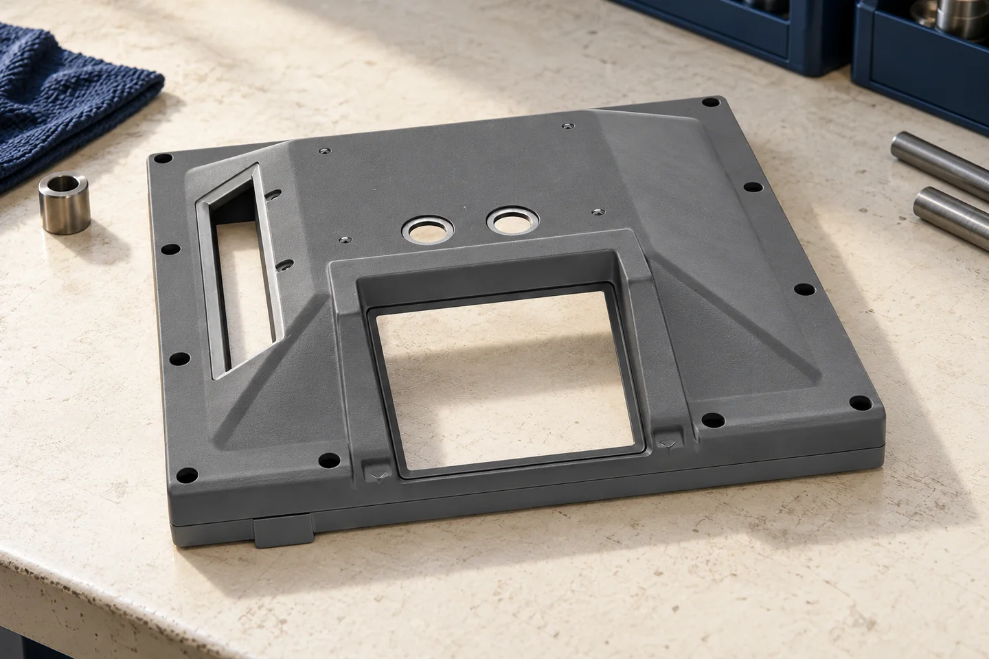 Windowed panel with a central opening and perimeter fixings.