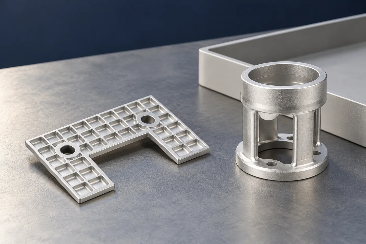 AI illustration of a catalogue-derived fitting beside a plain sample tray