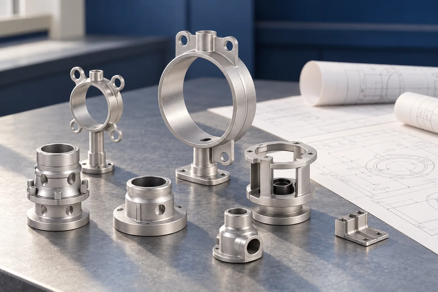 AI illustration of reference cast parts beside plain engineering-review papers