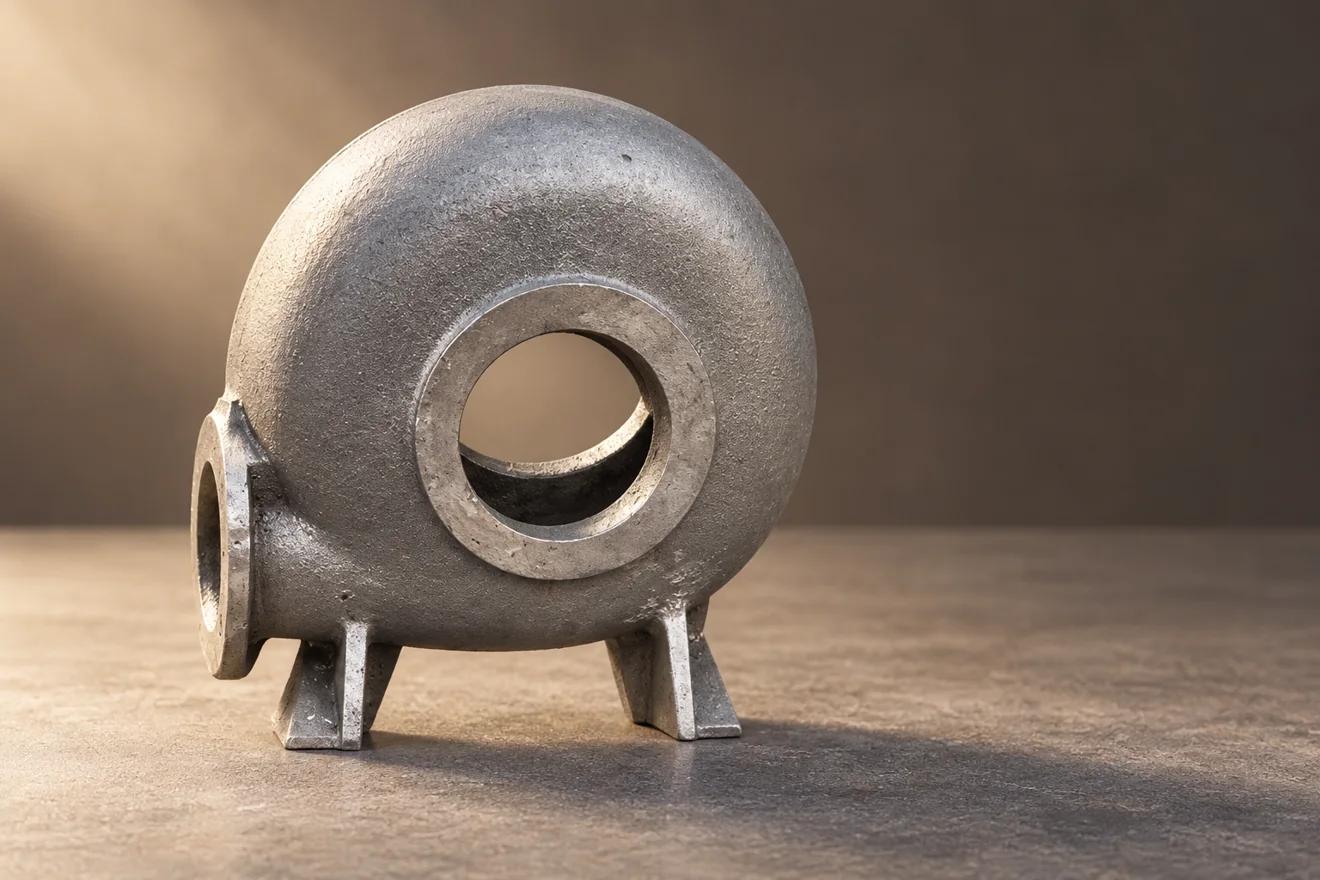 Volute-style housing with a circular opening, flange and mounting feet