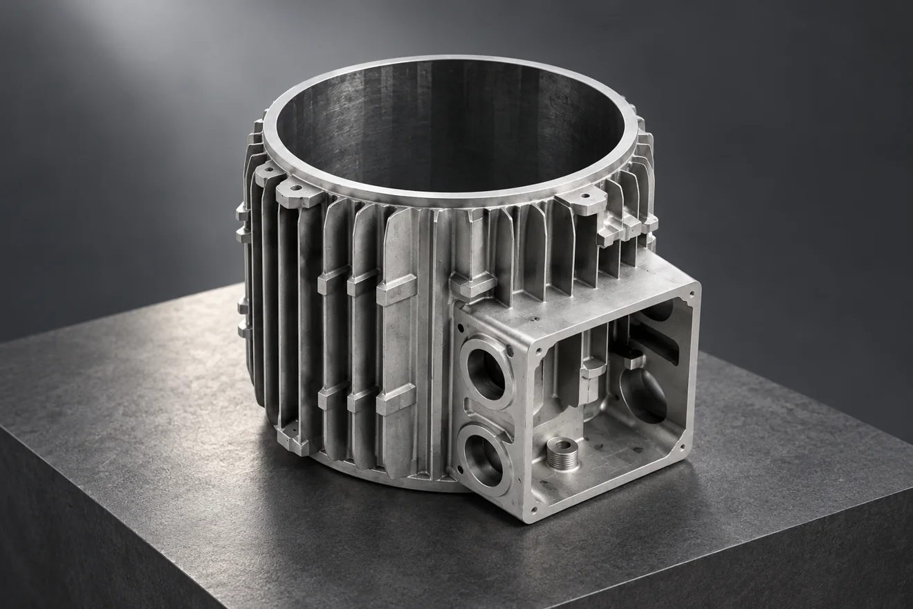 Ribbed cylindrical housing with a large bore and side mounting regions