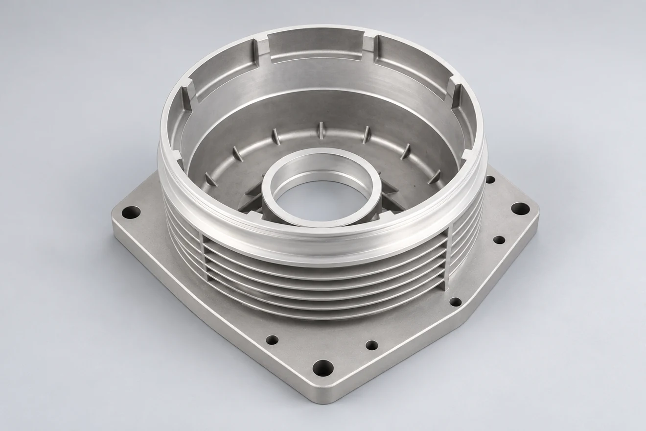 ribbed open-cup housing illustration. A ribbed cup illustrates a different integrated cast geometry.