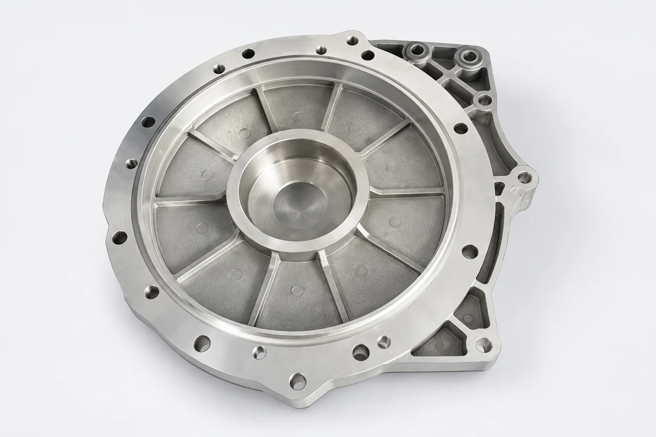 Ribbed circular cover with a central feature and outer contacts.