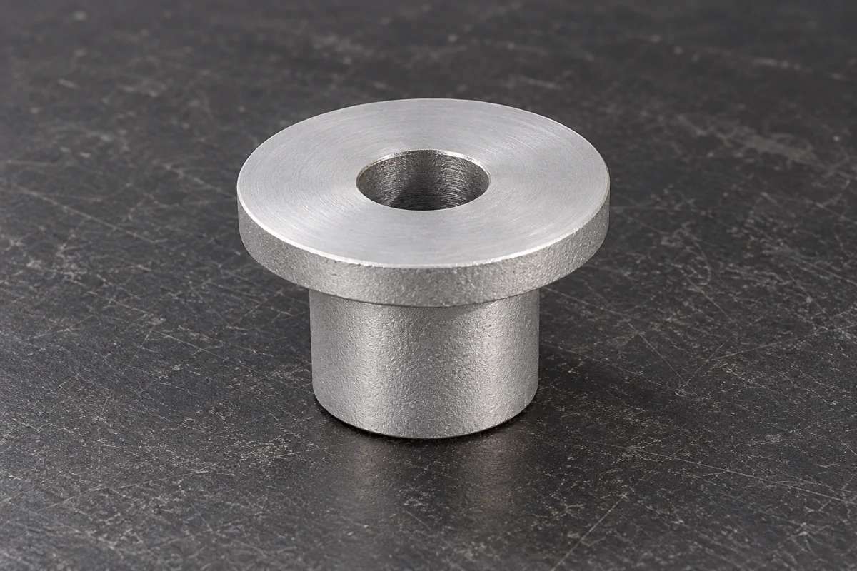 Silver flanged cylindrical mounting component with a central bore