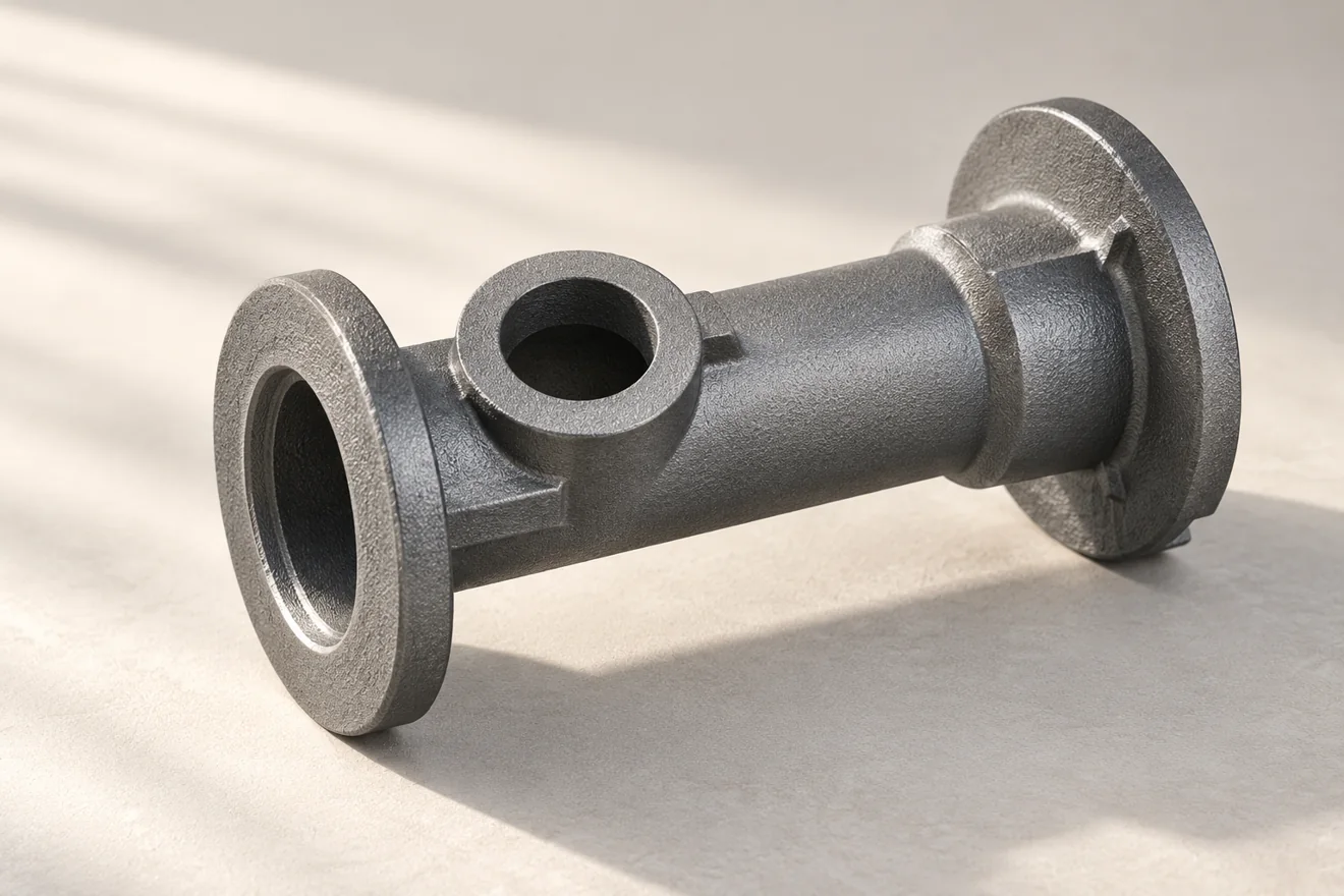 Hollow tubular body with two end flanges and a central branch opening