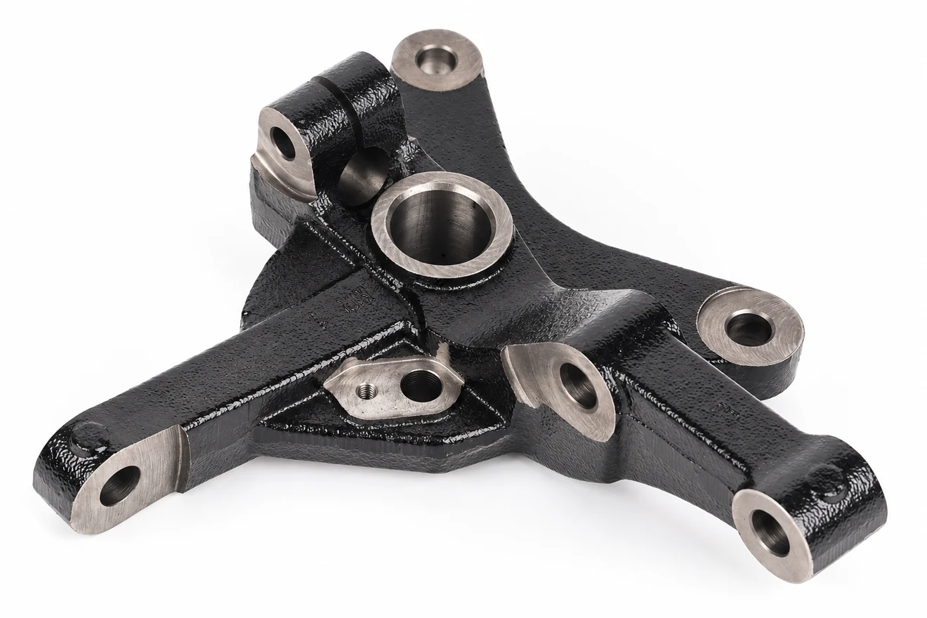 multi-arm steering-component geometry illustration. A multi-contact component illustrates a separate drawing and record identity.
