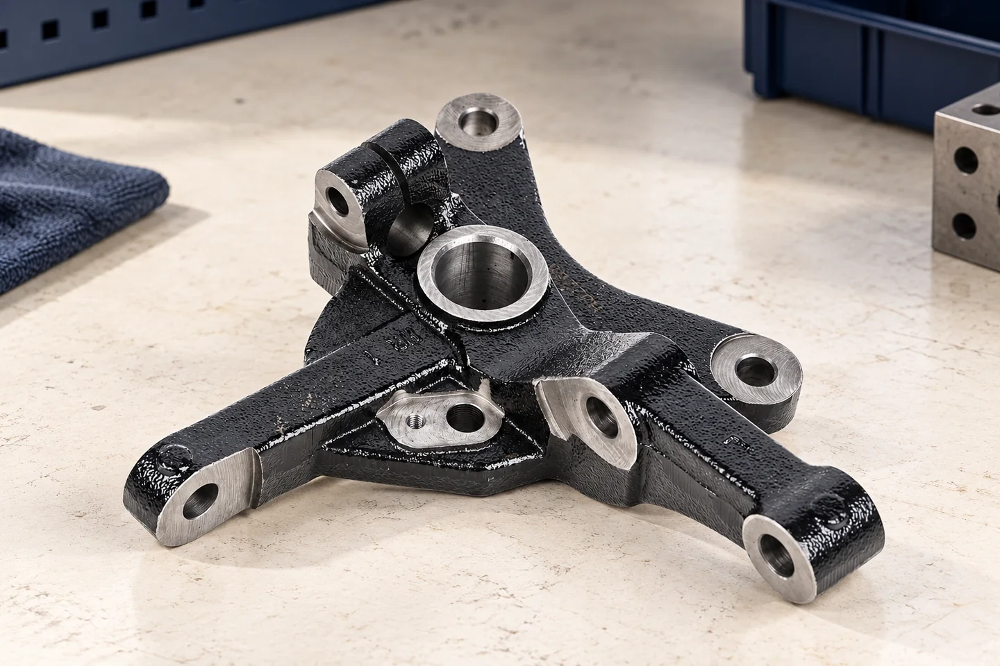 AI illustration of a catalogue-derived steering-knuckle-shaped component