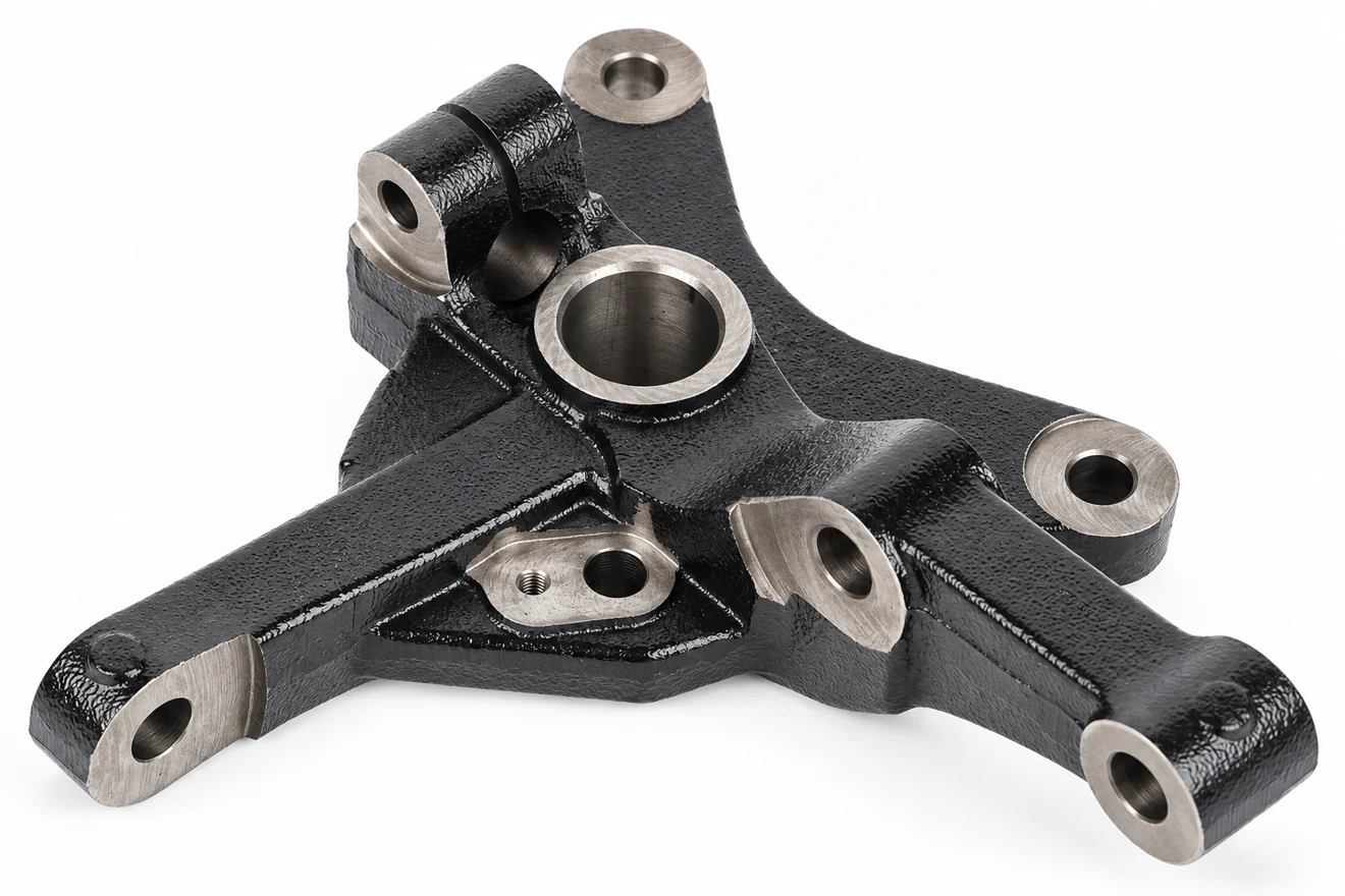 multi-arm steering-component geometry illustration. A separate multi-contact component illustrates final dimensional relationships.