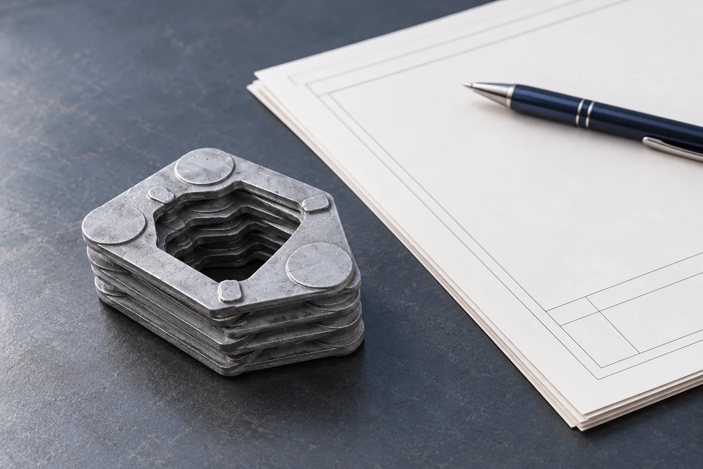 AI illustration of a reference cast plate beside blank tooling-review papers