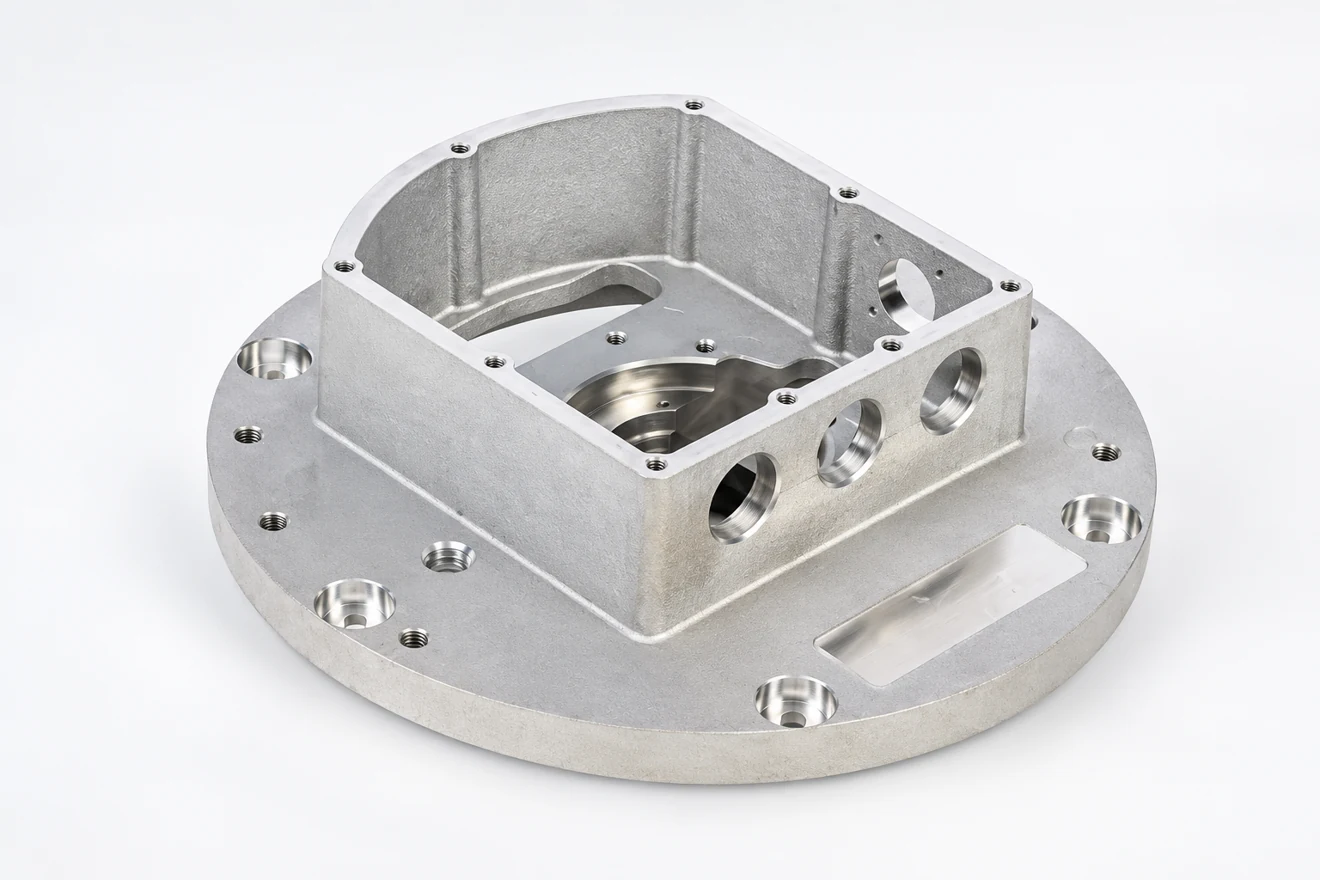 An open-box housing brings several faces and openings into one datum review.