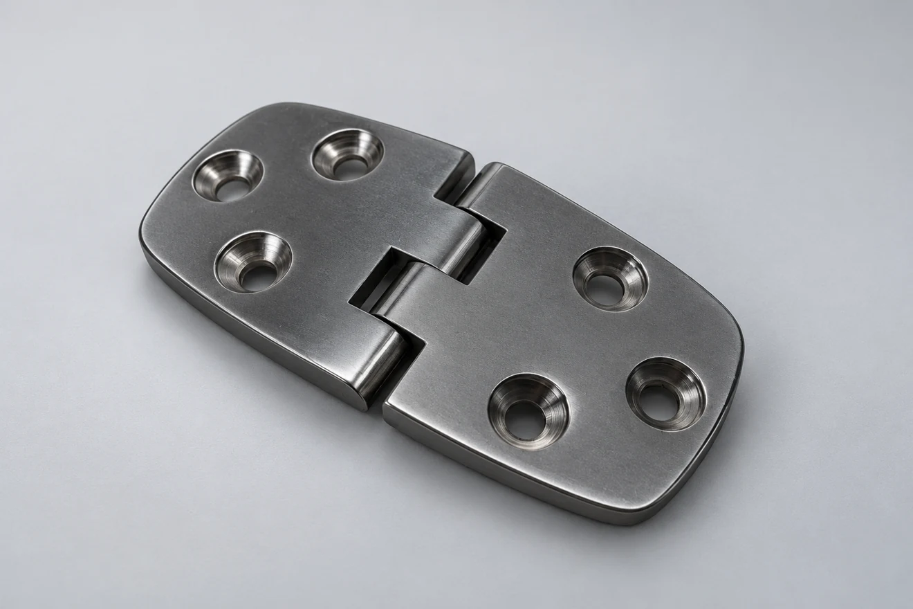Hinge geometry with a pivot and separate mounting interfaces.