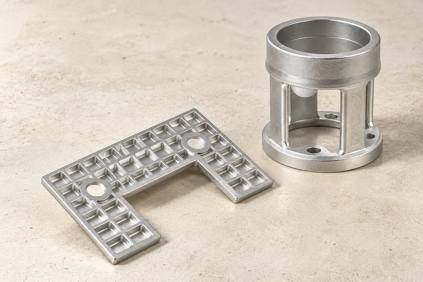 Stainless-component forms with cylindrical and flanged geometry.