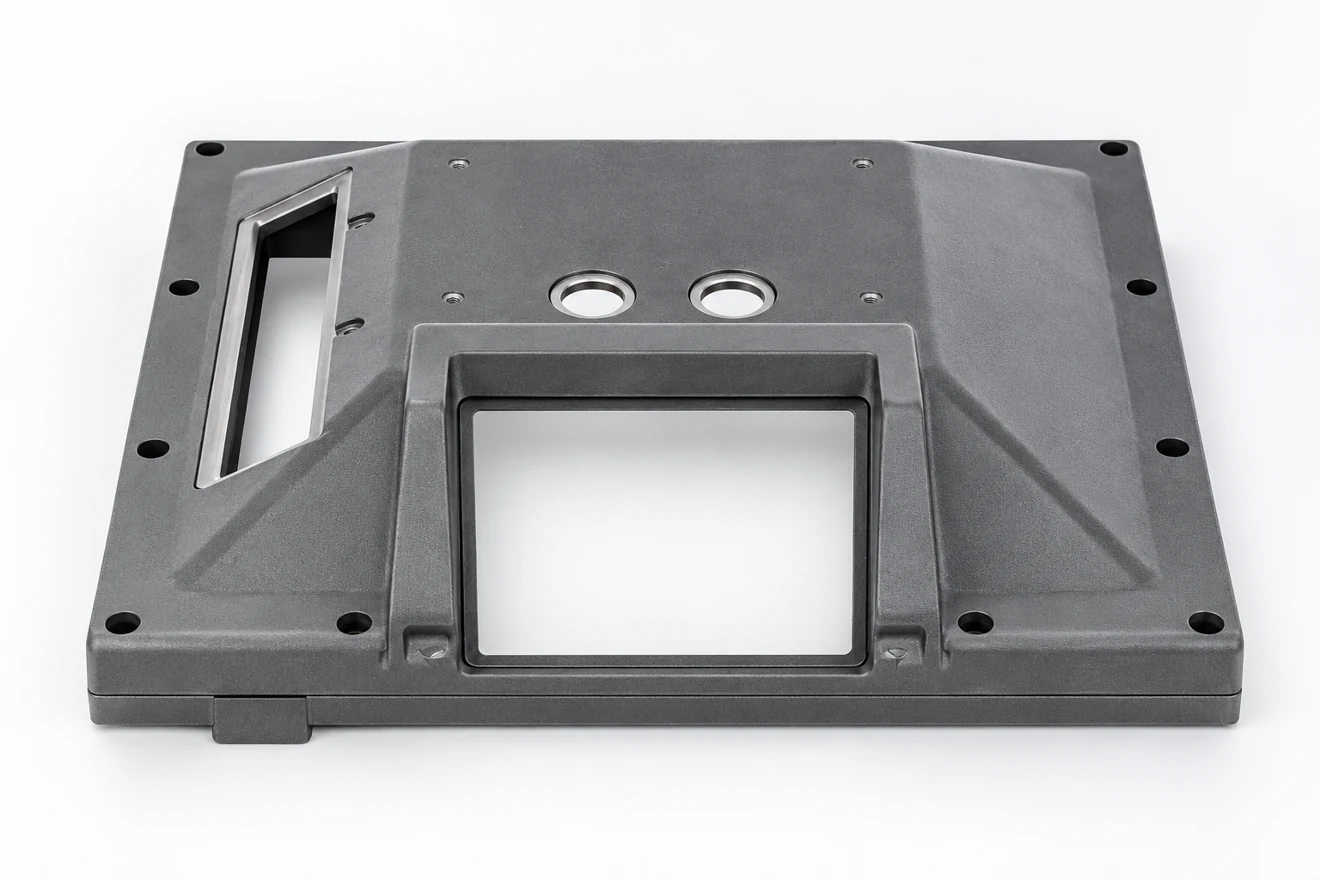 Broad mounting panel with openings and perimeter contacts.