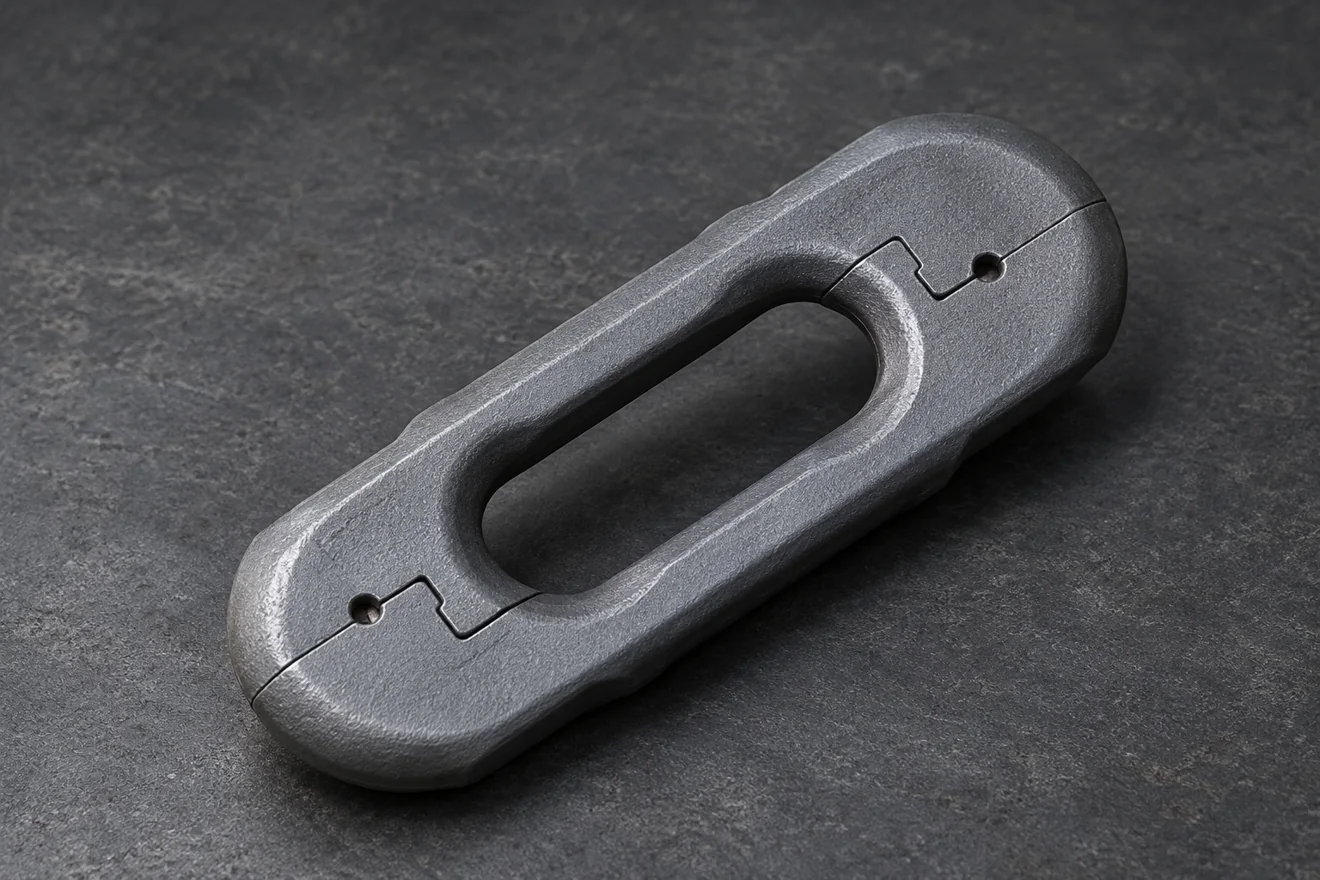 elongated connector link illustration. A connector geometry illustrates a different delivered-condition requirement; grade and tests follow the order.