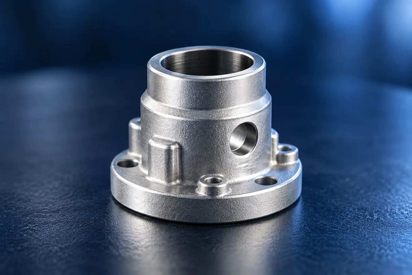 Stepped circular body with a central bore and fixing pattern