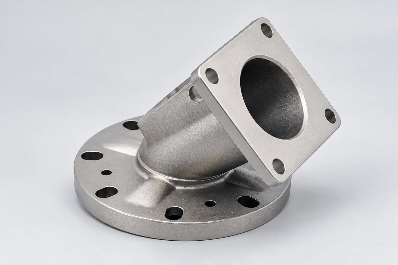 Angled flanged neck with two separate connection ends.