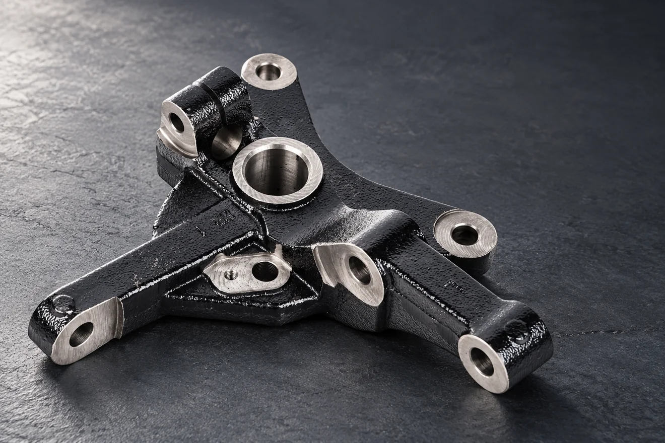 Multi-arm steering knuckle with several bores and attachment faces