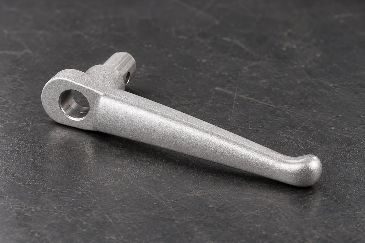 Slim silver cast lever with a bored circular eye at one end