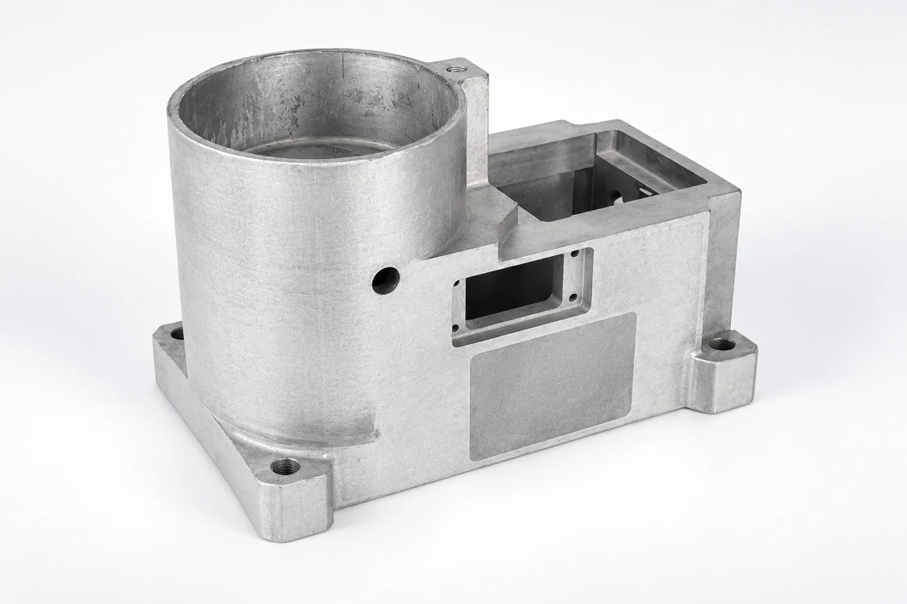 asymmetric cylindrical enclosure illustration. An asymmetric enclosure illustrates a different machining and mounting layout.