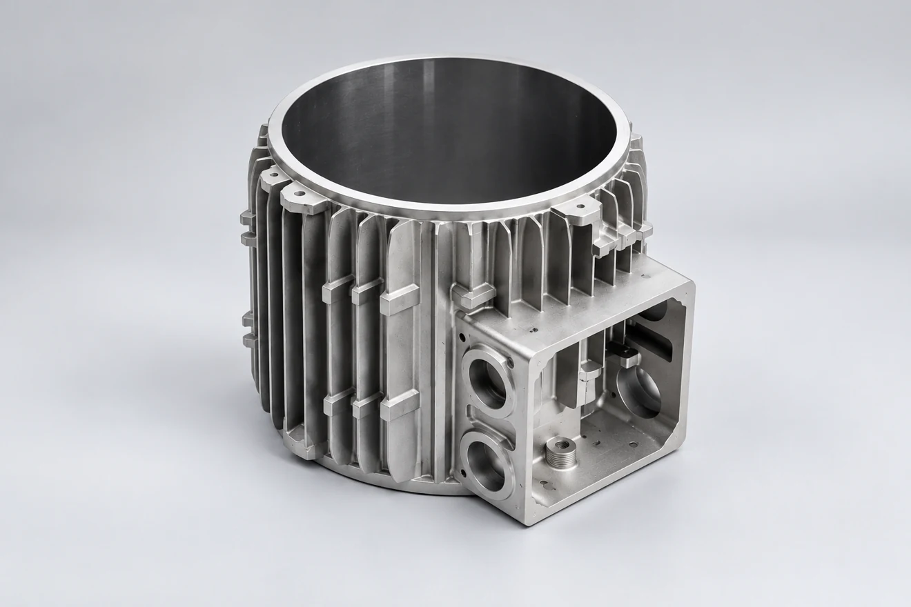 Ribbed housing geometry with an opening, side feature and mounting references.