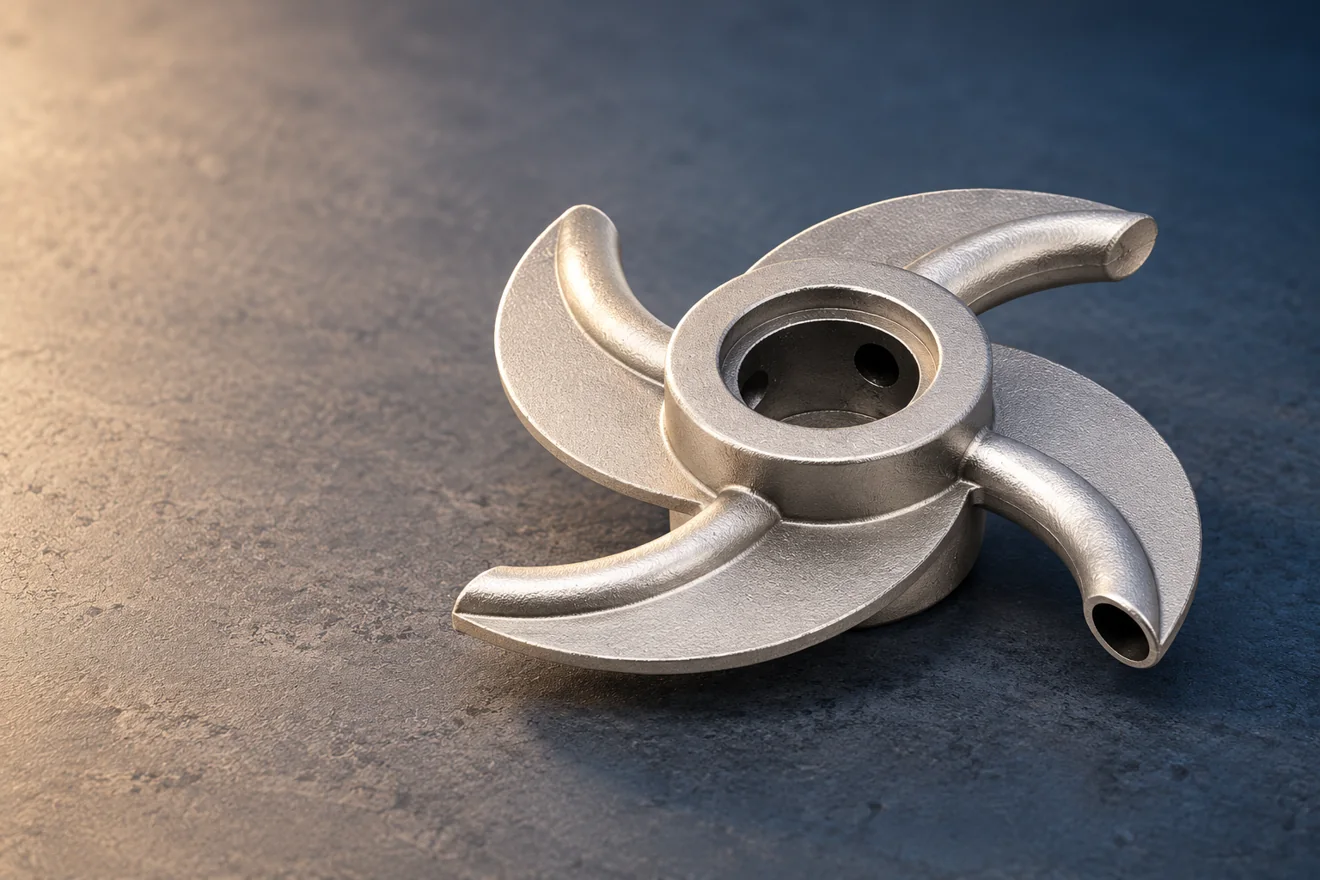 Open impeller-like form with curved vanes and a central bore