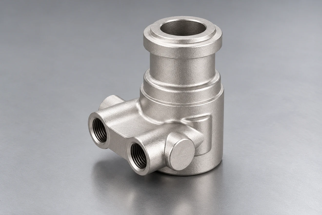A ported body illustrates machining access at several connection regions.