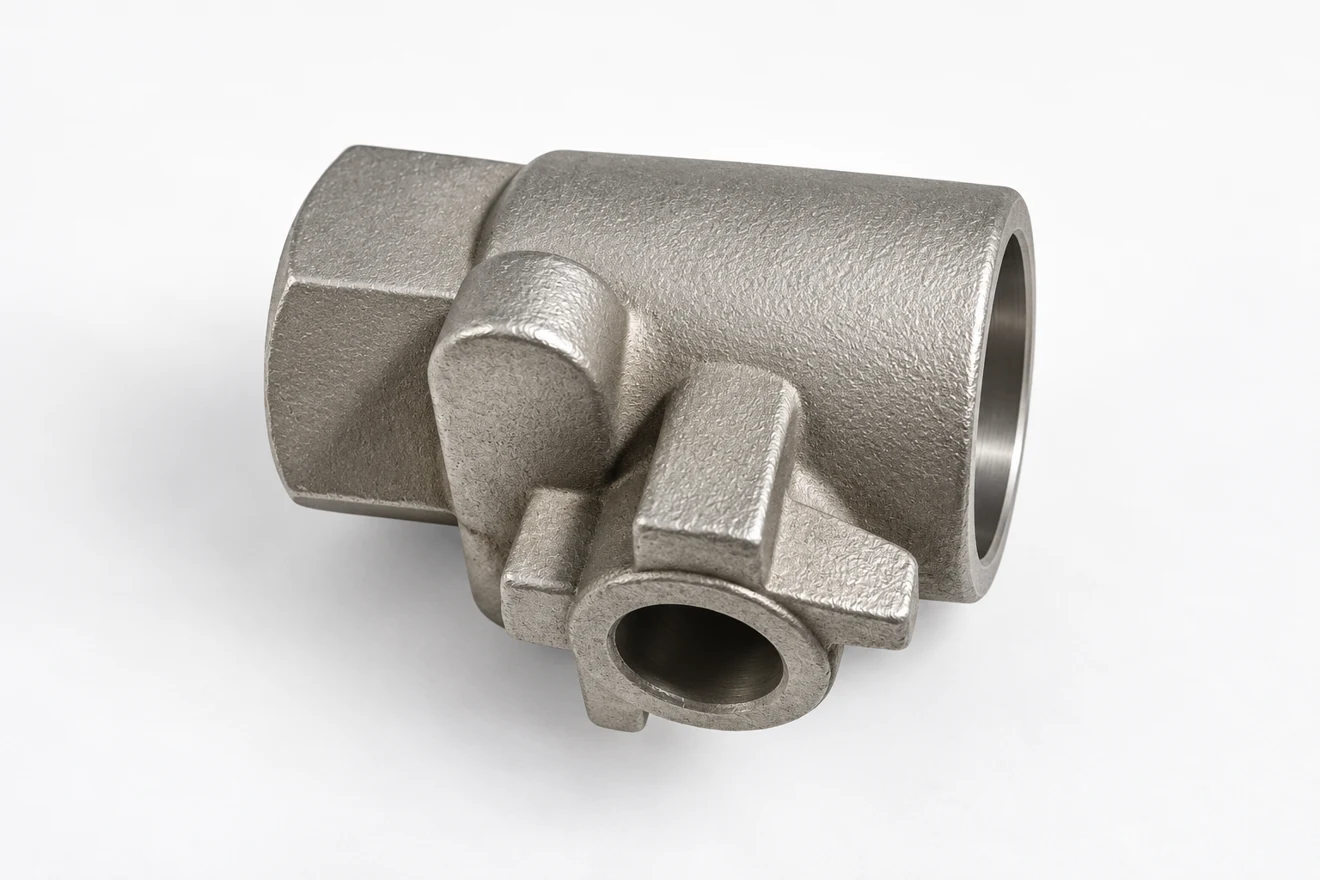 A three-way fitting introduces an intersecting internal opening.
