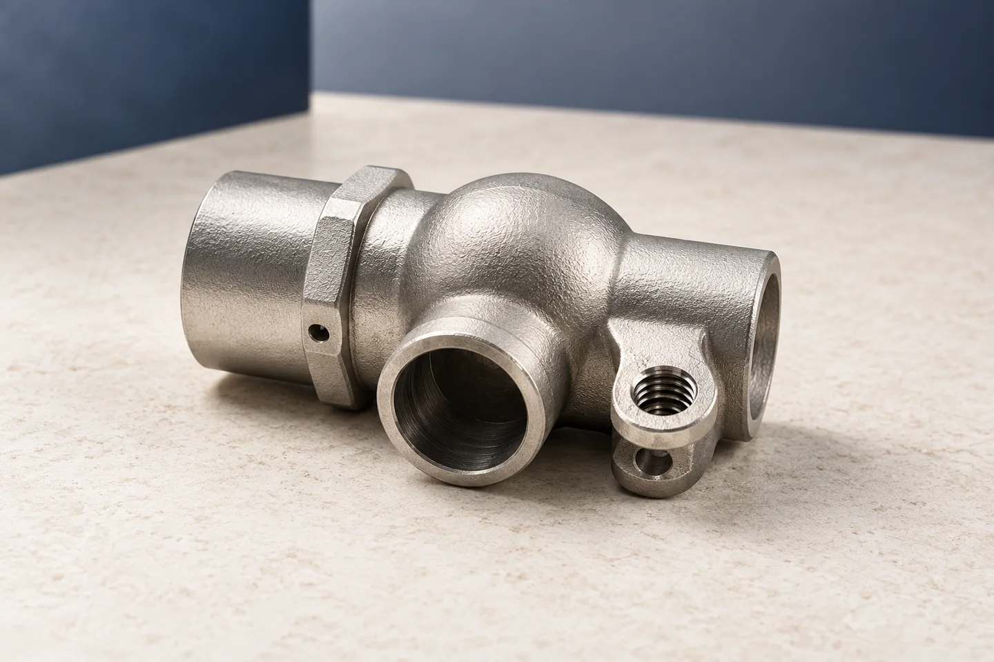 AI illustration of a shape-reference metal fitting on an ivory surface