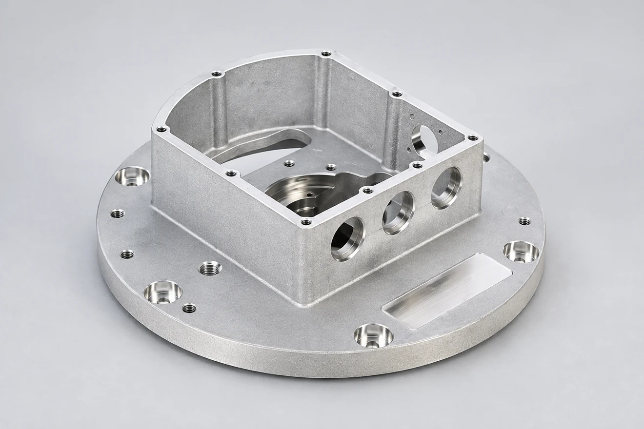 Open housing with an integrated flange and mounting regions.