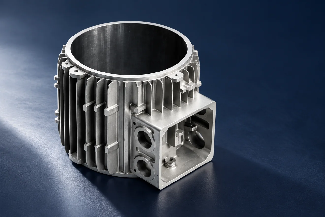 Ribbed housing with an exposed bore and projecting mounting contacts