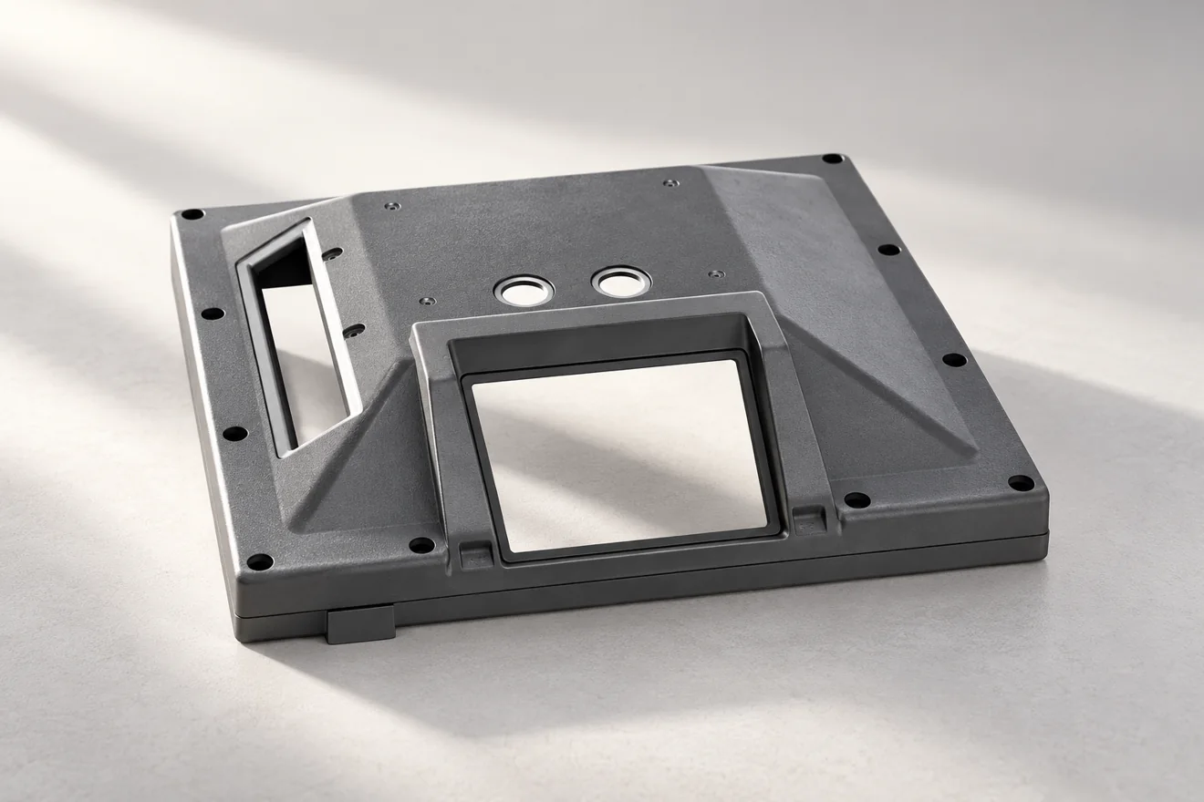 Rectangular mounting panel with a large window, raised edges and fixing holes