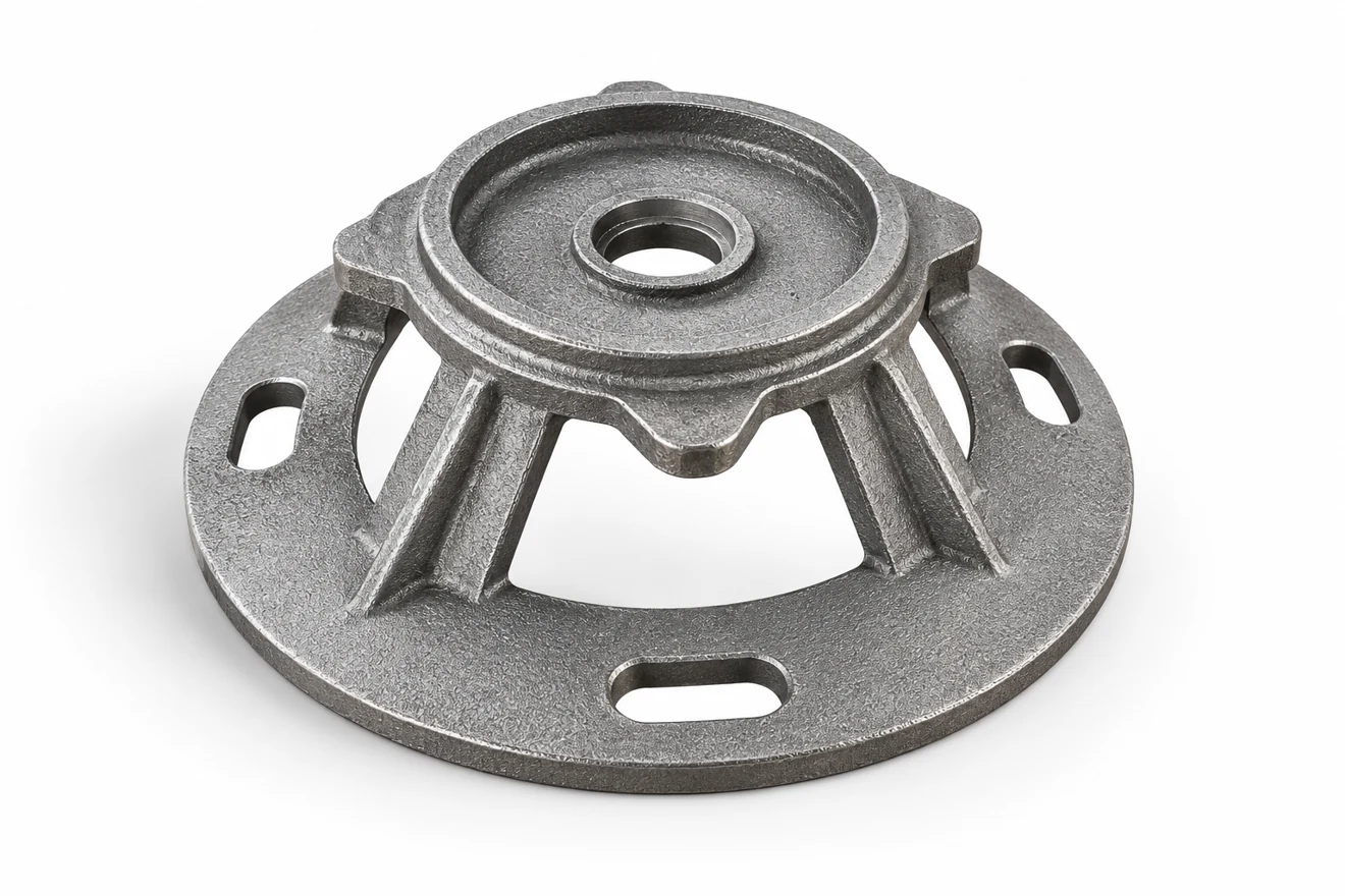 A ribbed conical support connects an upper contact with a broad mounting flange.