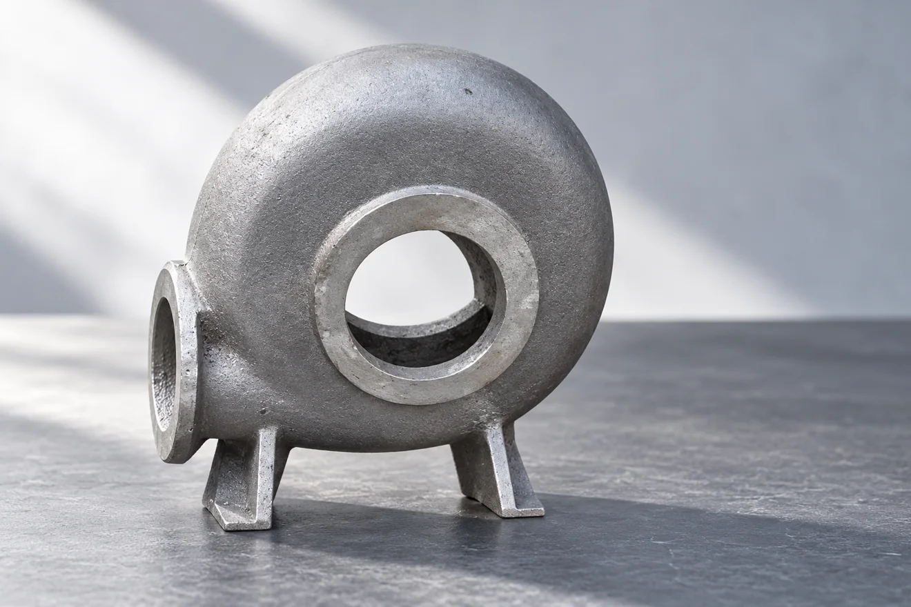 Volute housing showing a central opening and two mounting feet