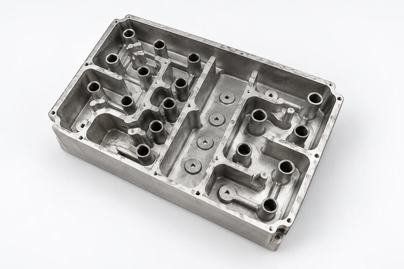 Compartmented housing showing internal access and a mounting boundary.