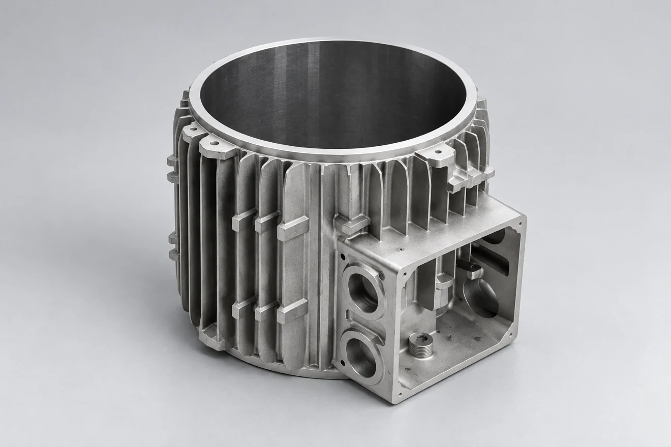 ribbed cylindrical housing illustration. A cast housing is a distinct BOM line.
