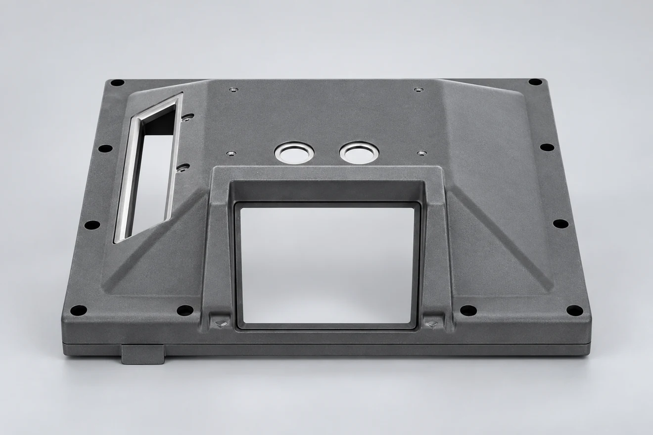 integrated rectangular mounting panel illustration. A broad support panel illustrates a different construction-component geometry.