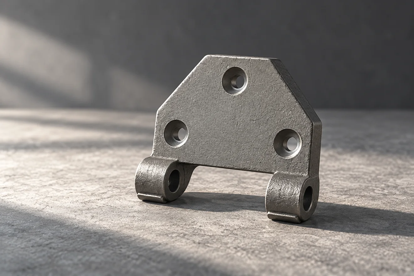 Equipment bracket with four fixing holes and a lower pivot-like feature
