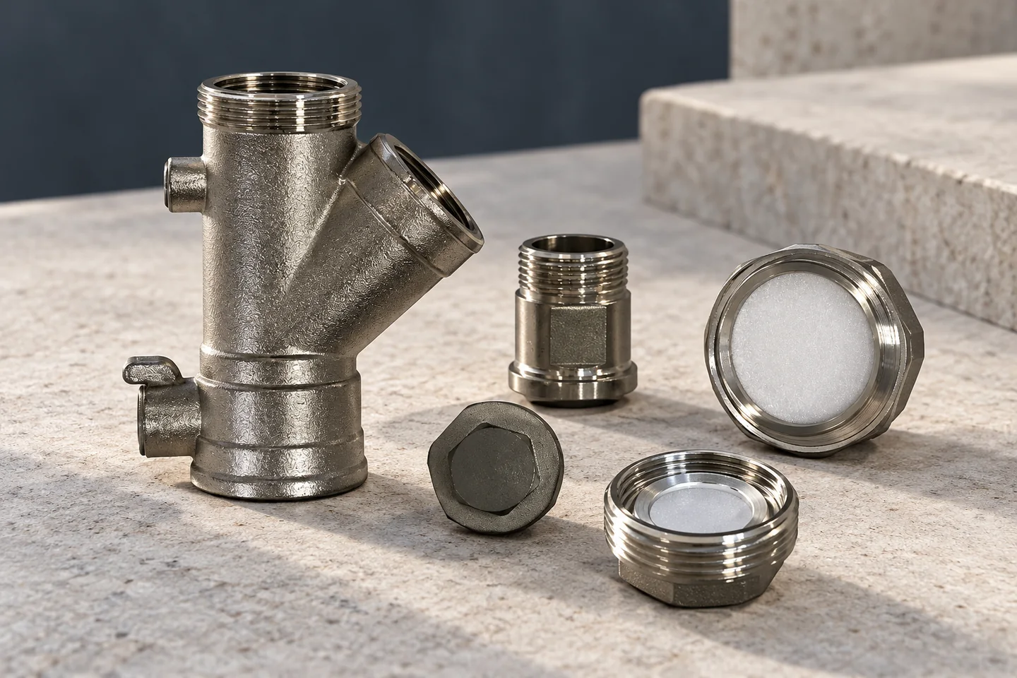 AI illustration of a threaded Y-shaped fitting and adapters based on catalogue product 20062